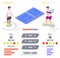 Tennis game statistics, ratings, vector isometric infographic. Tennis tables and sport match results.