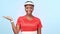Tennis, happy black woman and sports palm gesture for product placement, scale balance and mockup space. Comparison