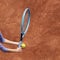 Tennis player with ball and racket serve while playing on court. Tennis sport, game, match, tournament. copy space