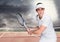 Tennis player on court with bright light and dark clouds