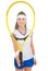 Tennis player holding racket in front of face