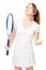 Tennis player holds a racket and ball for tennis and looks upwards on a white background