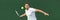 Tennis player man banner hitting ball with racket on green horizontal copy space background. Sports athlete training