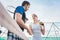 Tennis player man and woman giving handshake after match