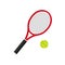Tennis racket with ball. Icon of racquet for court. Logo of tennis rocket and ball isolated on white background. Sport equipment