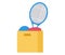 Tennis racket and ball in a yellow gym bag. Simplified tennis equipment illustration. Sports gear vector illustration