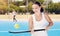 Tennis, racket and woman with ball for training, fitness and balance, practice and cardio at an outdoor court. Sports