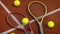Tennis rackets and balls on hard court. 3D illustration