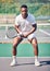 Tennis, sports and black man in portrait for game, competition and training with focus, power and energy wellness