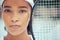 Tennis sports, face of black woman and fitness lifestyle motivation. Strong racket, athlete focus and closeup of strong