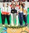 Tennis women\'s doubles team Swiss (L), team Russia and team Czech during medal ceremony of the Rio 2016 Olympics