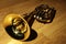 Tenor horn on wooden floor with dark background