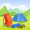 Tent, backpack, mountain landscape