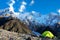 Tent in base camp of Everest. Mountain peak Everest. Highest mountain in the world. National Park, Nepal.