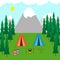 Tent camp in the forest, mountains and lake, campfire. Camping, campground, outdoor recreation concept.