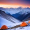 Tent camp and orange tents on the plateau of a mountain the point of acclimatization of climbers before a