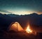 a tent with a campfire outside in the mountains on a beautiful night with constellations in the sky