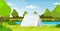 Tent camping area campsite near river summer camp travel vacation concept landscape nature background flat horizontal