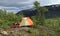 Tent and camping equipment on the Kungsleden trail in Sweden.