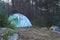 Tent camping in the forest with tall trees