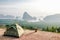 Tent Camping on the high mountains with blue sky in morning at samet nangshe, Phang Nga province,Thailand