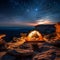 Tent on a Cliff Overlooking Star-Filled Night Sky