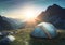 Tent in the mountain. Camping in wilderness. Recreation and hiking concept. Generative Ai