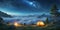 tent on mountaintop glows under a night sky Milky Way full of stars