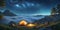 tent on mountaintop glows under a night sky Milky Way full of stars