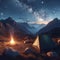 A tent near a campfire outside in the mountains. Generative AI
