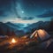 A tent near a campfire outside in the mountains. Generative AI