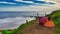 A tent pitched on a coastline, Way of St. James, Camping La Paz, Vidiago. Llanes municipality. Asturias,