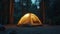 Tent Pitched in Dark, Forested Woods at Night