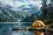 A tent pitched up on the shore of a lake amidst nature