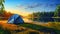 Tent Set Up on Grass Near Lake, Tranquil Camping in Natural Environment. Hiking and outdoor recreation