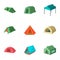Tent shop icons set, cartoon style