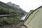 Tent on the shore of a lake in the mountains of Crimea Mangup-Kale