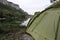 Tent on the shore of a lake in the mountains of Crimea Mangup-Kale