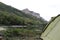 Tent on the shore of a lake in the mountains of Crimea Mangup-Kale