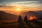 Tent side bonding Couple gazes at scenic sunset on mountainous getaway