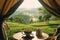 Tent view, where a delightful tea setup awaits amidst a breathtaking backdrop of nature\\\'s serene landscape. Ai generated
