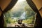 Tent view, where a delightful tea setup awaits amidst a breathtaking backdrop of nature\\\'s serene landscape. Ai generated