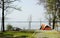 A tent at a waterfront campsite of Jordan Lake State Park campground near Raleigh North Carolina