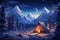 a tent in winter season, beautiful view of snowy mountains, night, festive environment