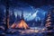 a tent in winter season, beautiful view of snowy mountains, night, festive environment