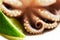 Tentacles of an octopus and a slice of lime close-up on a white