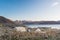 Tented tourist camp at Pangong Lake. Light and shade from sunrise