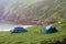 Tents by Keem beach, flock of sheep sleeps on the ground, Morning time