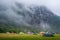 Tents at Lusebotn camping under the mountain. Lyse fjord, Norway.