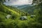 tents and shelters in lush green forest, with view to the horizon